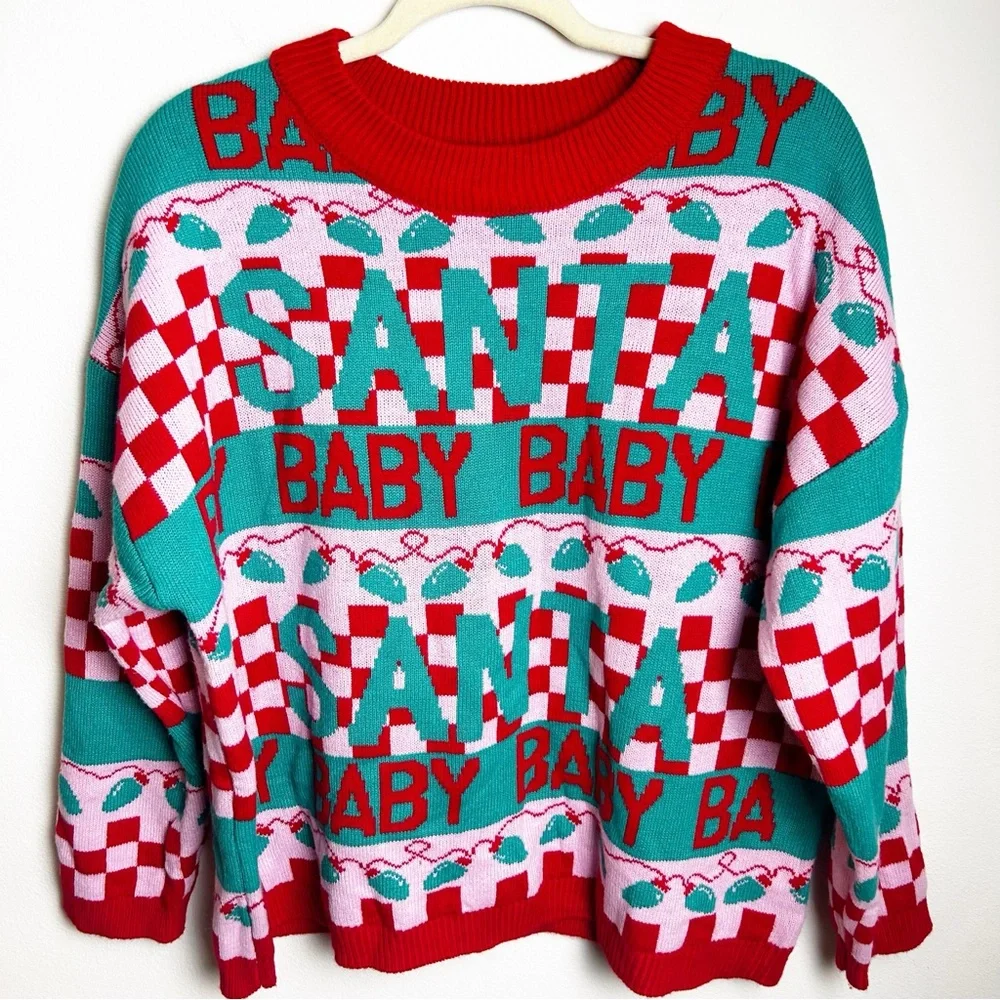 Santa Baby pink and red checkered Christmas sweater by Grayson Threads size: XL - Picture 1 of 9